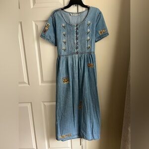 Vintage Jane Ashley Blue Denim Tie Back Garden Patchwork Cottagecore Dress Large